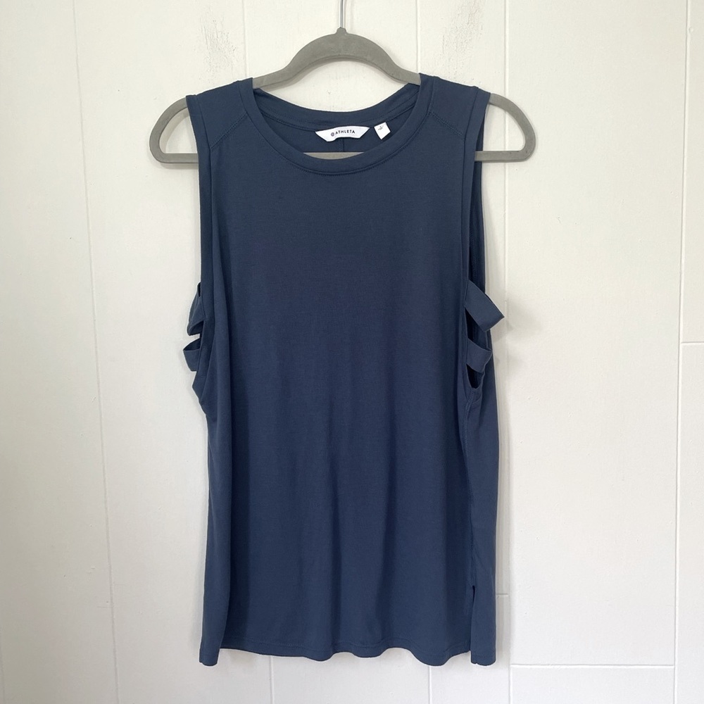 Athleta Lattice Tank Size S Blue Lightweight Muscle Top Cutout Yoga Athletic